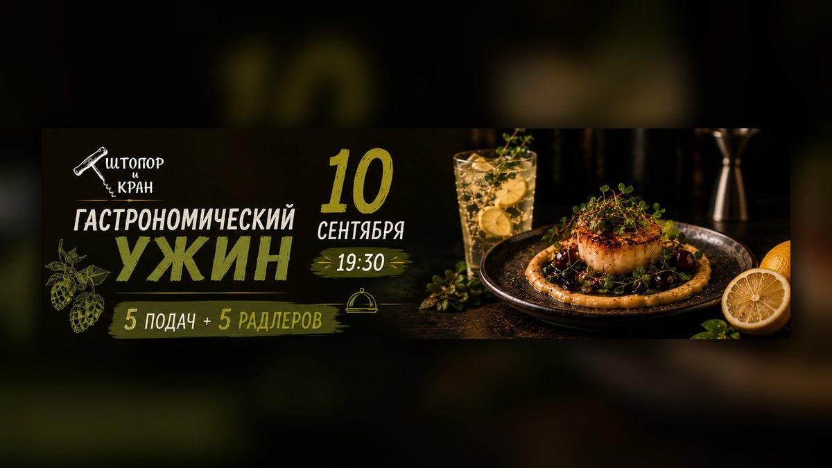 Афиша гастрономического ужина 10 сентября в баре «Штопор и Кран» в Казани: 5 подач и 5 радлеров, начало в 19:30